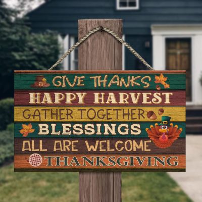 Alternative view of Give Thanks Happy Harvest Blessing Thanksgiving Wooden Door Sign - Front Porch Sign Indoor Outdoor Decor