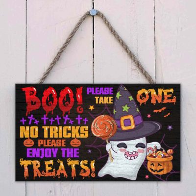 Alternative view of Boo Please Take One No Tricks Please Enjoy The Treats Wooden Door Sign - Halloween Please Take One Candy Sign