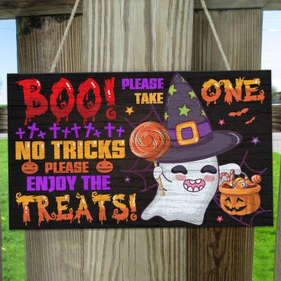 Boo Please Take One No Tricks Please Enjoy The Treats Wooden Door Sign - Halloween Please Take One Candy Sign