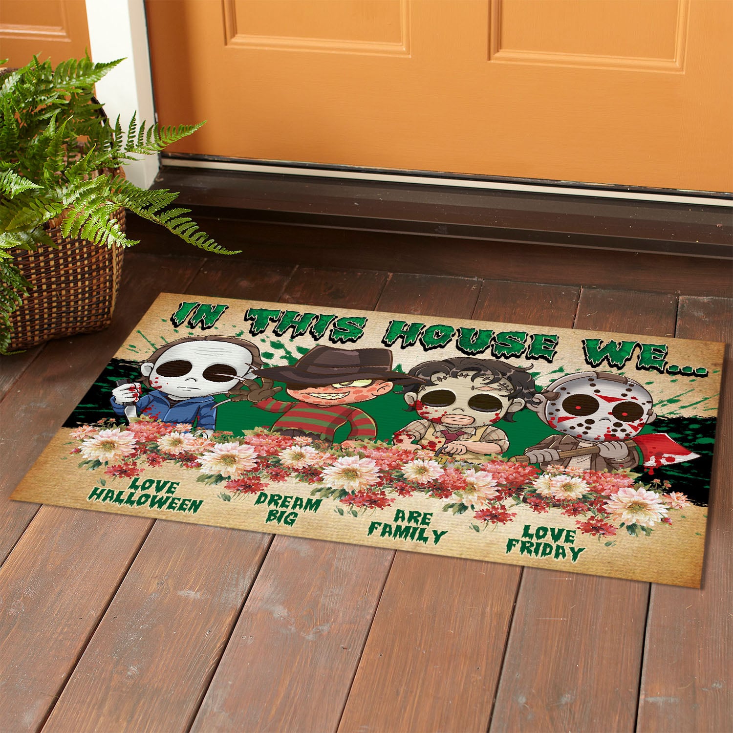 4VT. In This House We Love Halloween Doormat mockup 1