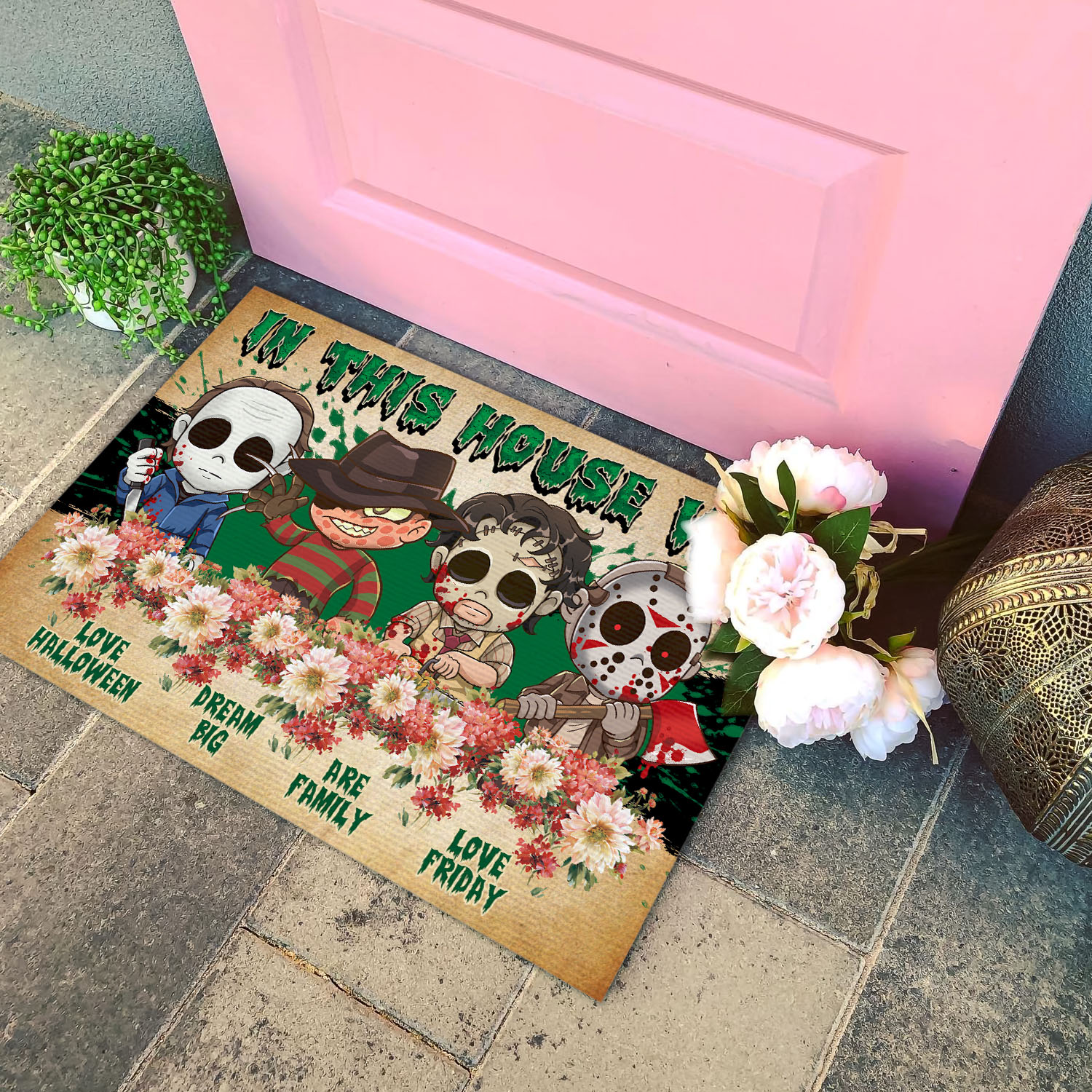 4VT. In This House We Love Halloween Doormat mockup 4