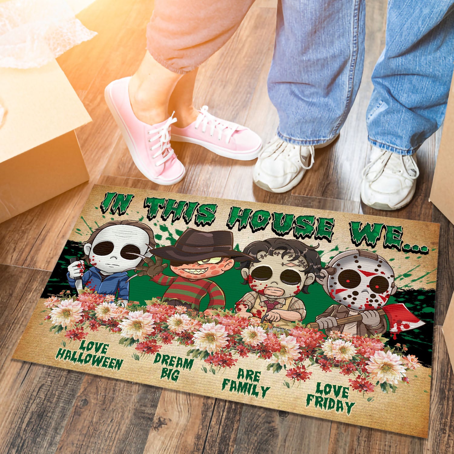 4VT. In This House We Love Halloween Doormat mockup 6