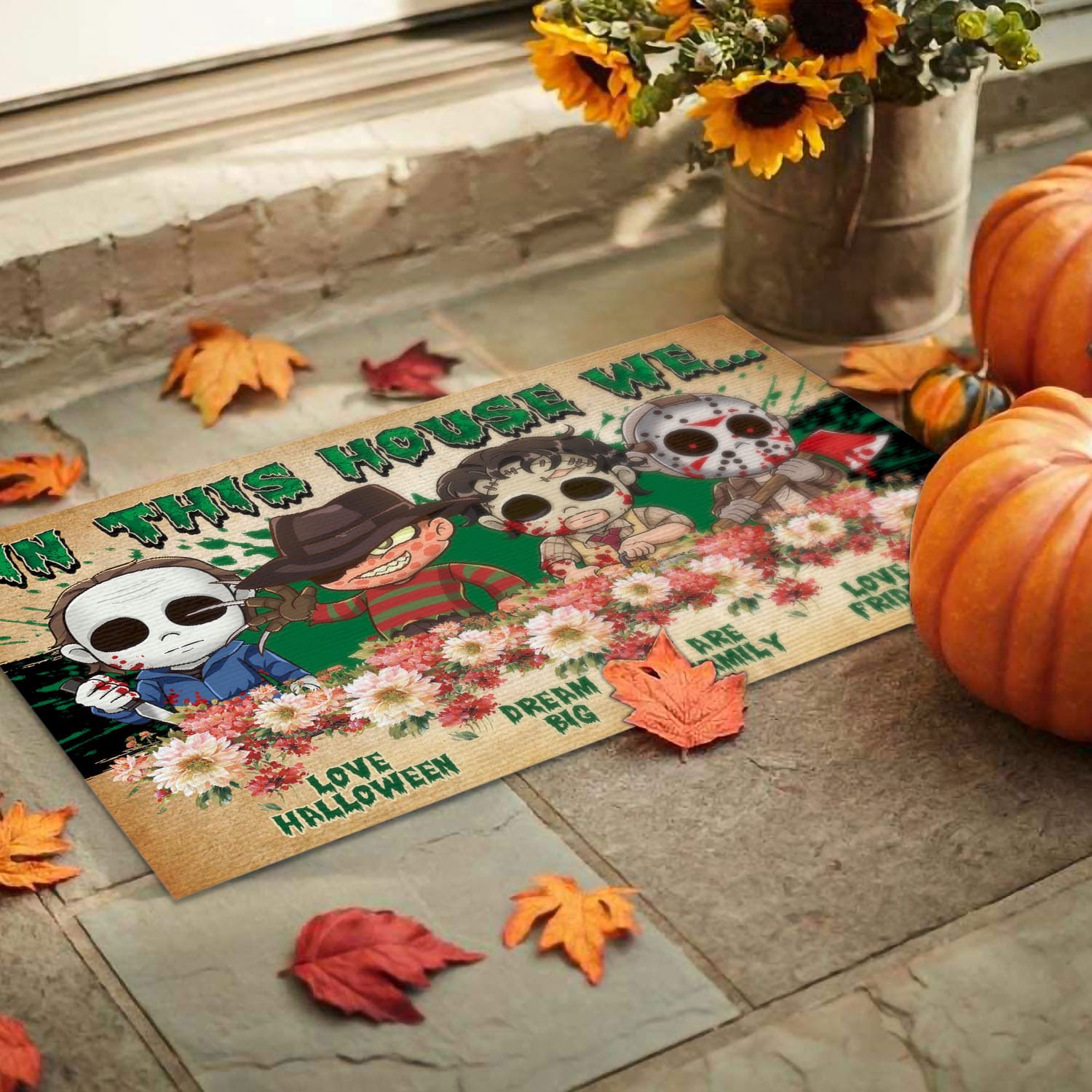 4VT. In This House We Love Halloween Doormat mockup 9