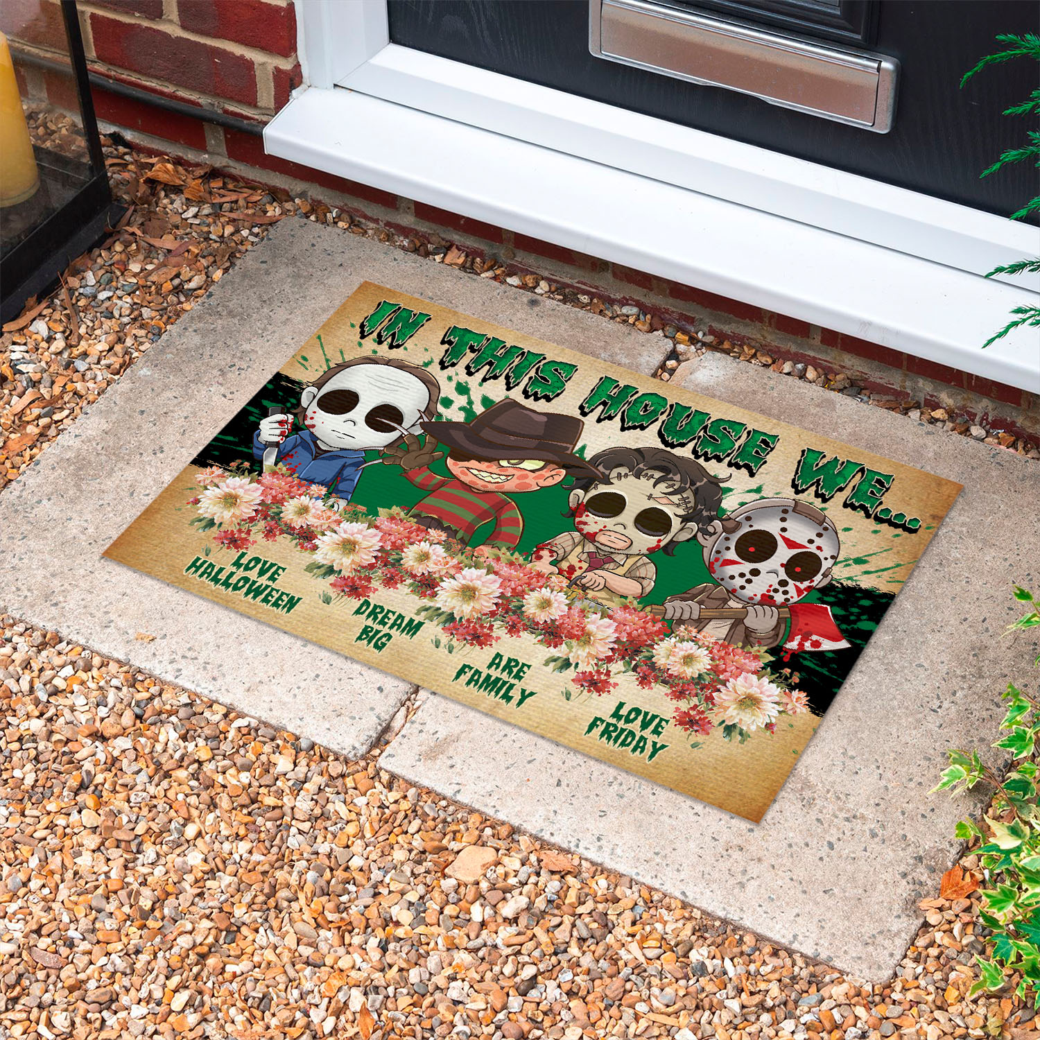 4VT. In This House We Love Halloween Doormat mockup 10