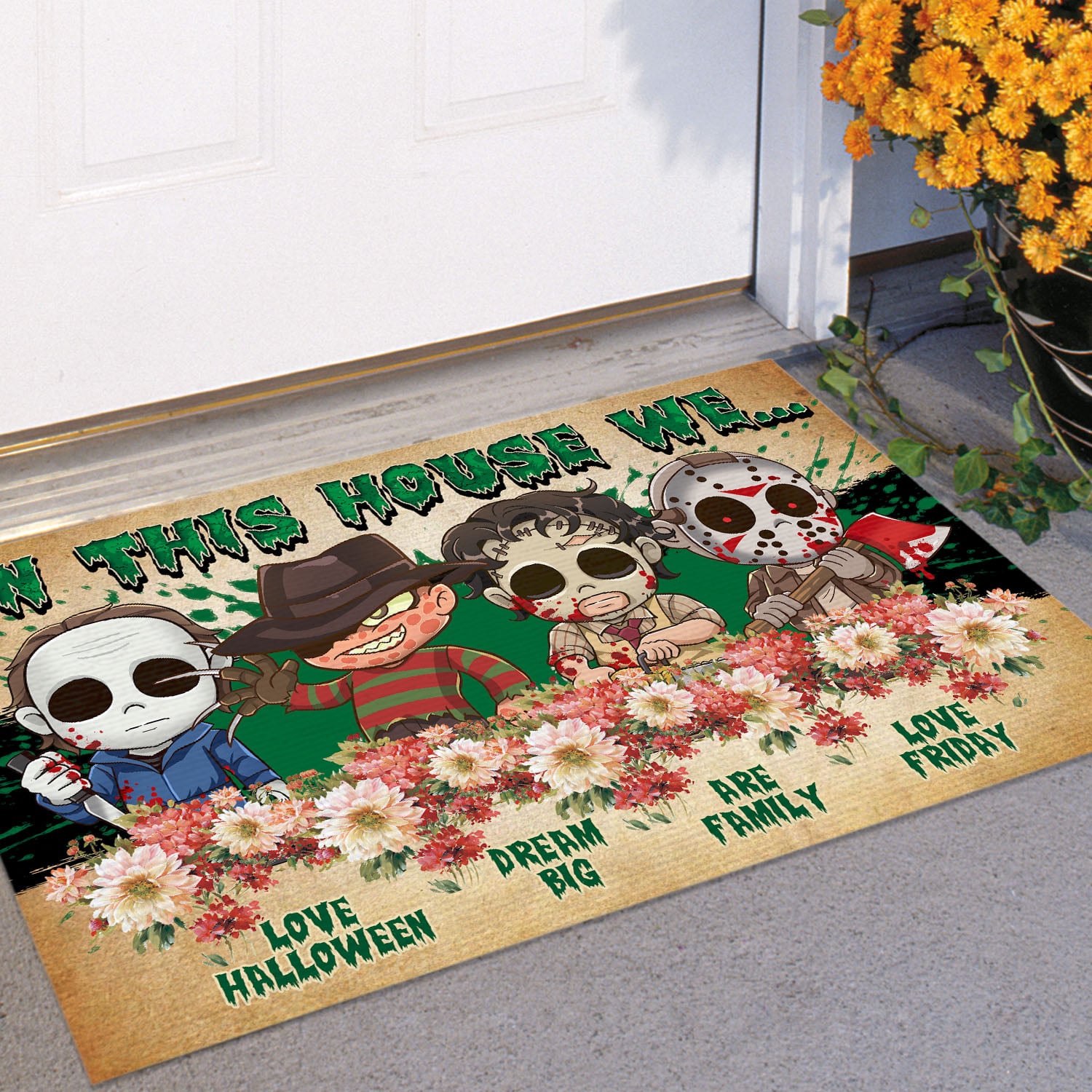 4VT. In This House We Love Halloween Doormat mockup 11