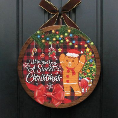 Alternative view of Wishing You A Sweet Christmas Circle Wooden Door Sign - Christmas Gingerbread Hanging Door Sign