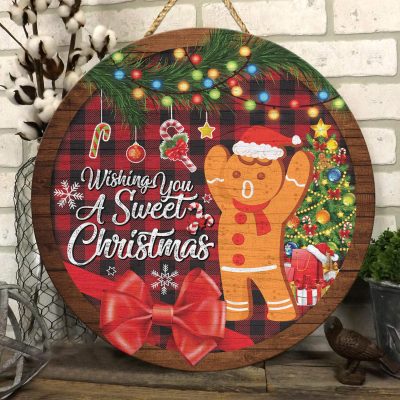 Wishing You A Sweet Christmas Circle Wooden Door Sign - Christmas Gingerbread Hanging Door Sign