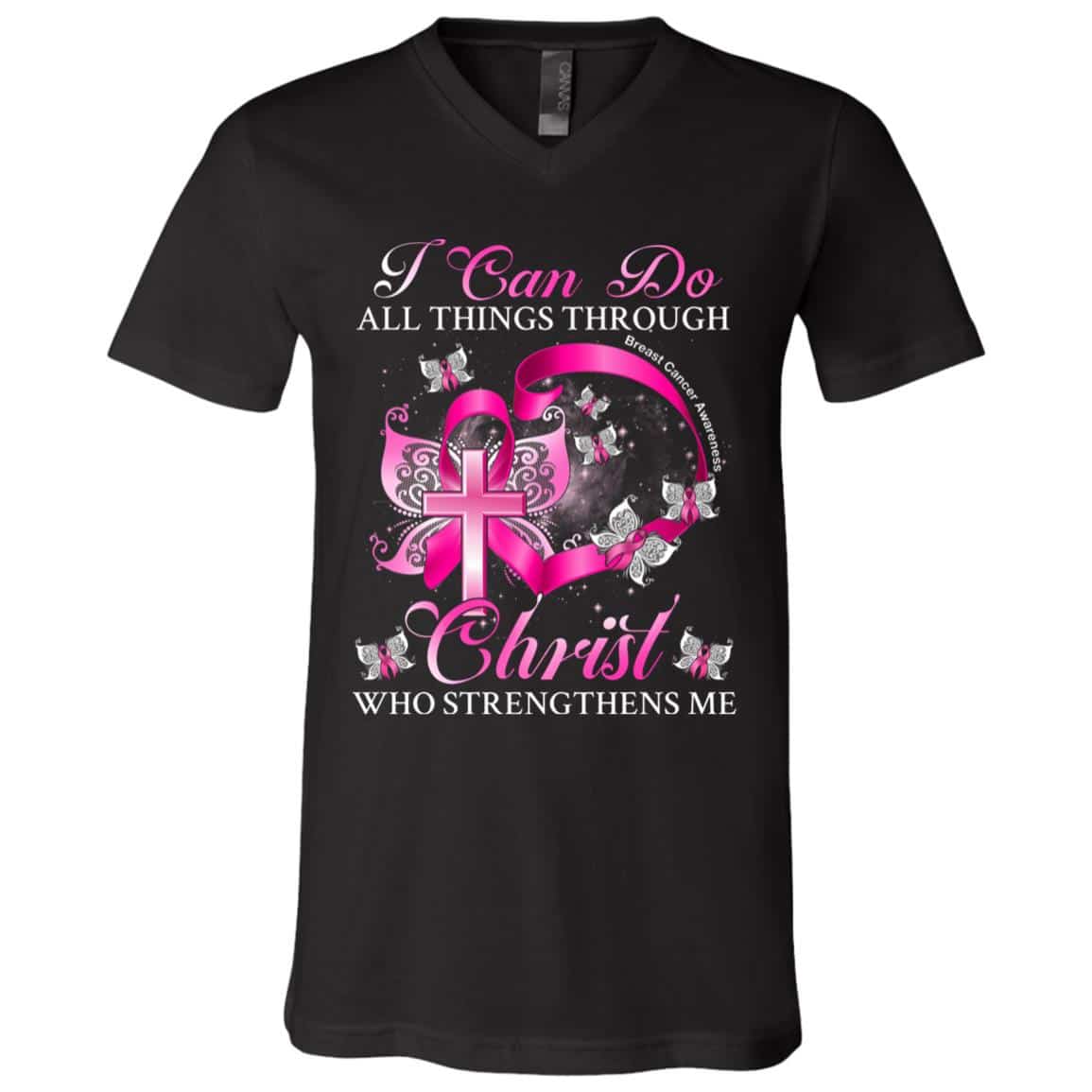3VT. I Can Do All Things Breast Cancer, Black, V-Neck T-Shirt 3VT. I Can Do All Things Breast Cancer, Black, V-Neck T-Shirt