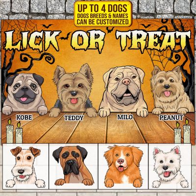 Personalized Dog Halloween Lick Or Treat Indoor Doormat - Custom Dog Breeds Welcome Outdoor Doormat