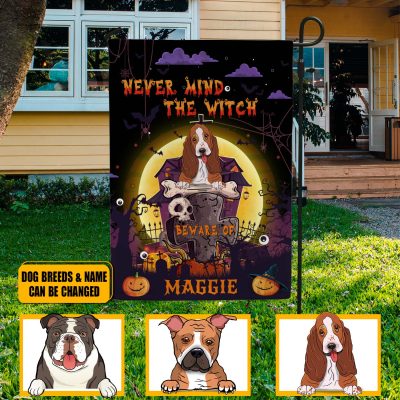 Alternative view of Personalized Dog's Breed Name Witch Halloween Haunted House Garden Flag - Never Mind The Witch Beware of Spooky Dog Halloween Custome Flag