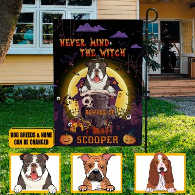 Personalized Dog's Breed Name Witch Halloween Haunted House Garden Flag - Never Mind The Witch Beware of Spooky Dog Halloween Custome Flag