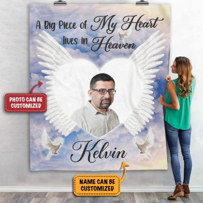 Alternative view of Custom Photo A Big Piece Of My Heart Lives In Heaven Memorial Fleece Blanket - Sherpa Blanket - Woven Blanket