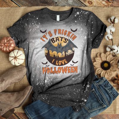 Alternative view of It's Frickin Bats I Love Halloween Bleached T-Shirt - Funny Halloween Bleached Shirt