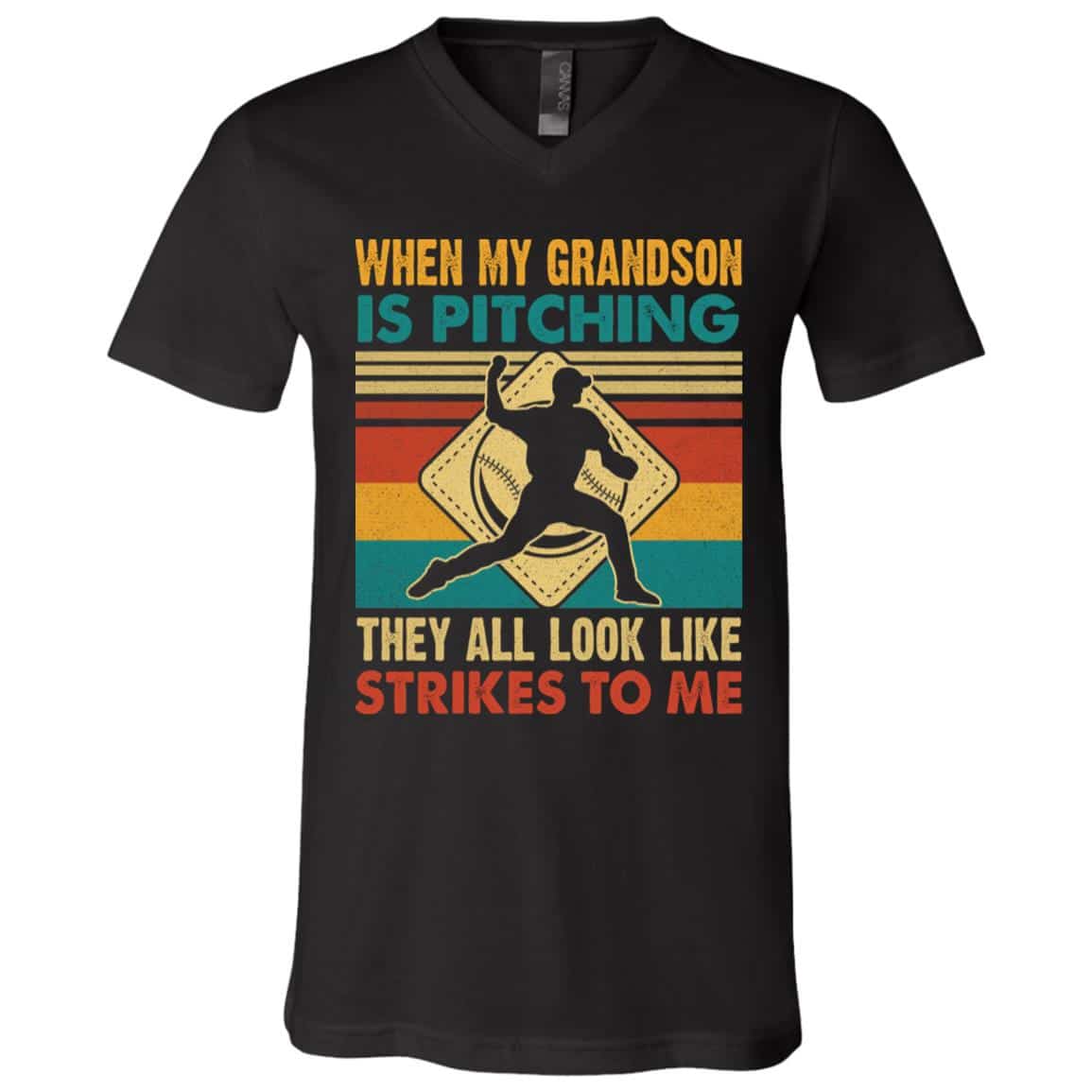 6VT. When My Grandson Is Pitching, Black, V-Neck T-Shirt