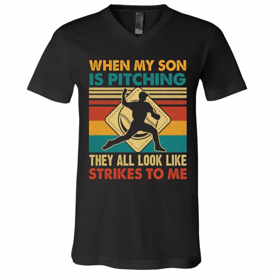 6VT. When My Son Is Pitching, Black, V-Neck T-Shirt