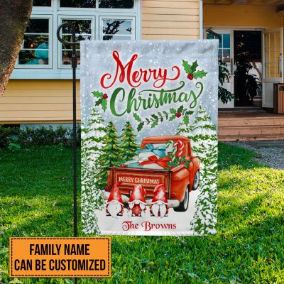 Alternative view of Personalized Red Truck Merry Christmas Garden Flag - Custom Family Name Christmas House Flag