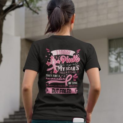 Alternative view of I Wear Pink For Myself My Scars Tell A Story Christian Breast Cancer Awareness Print On Black T-shirt