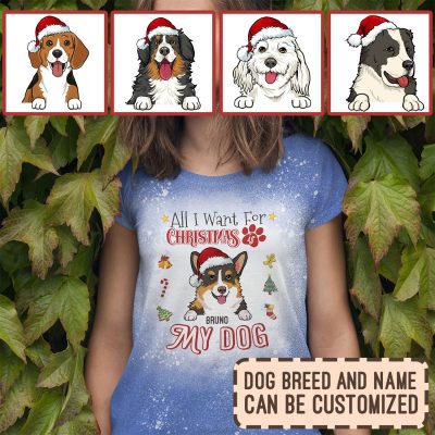 Personalized Dog Breeds All I Want For Christmas Is My Dog Bleached T-Shirt - Dog Lover Christmas Shirt