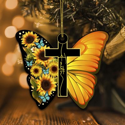 Butterfly Sunflower Faith Cross Decorative Custom Shaped Wooden Christmas Ornament Keepsake
