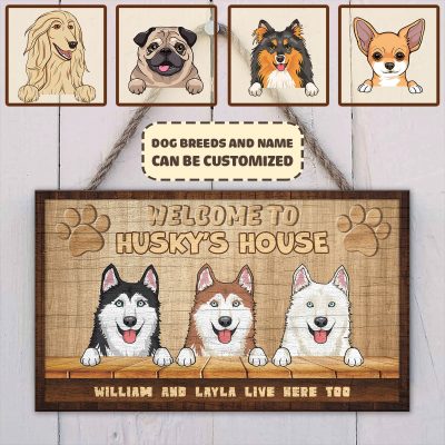 Personalized Welcome to Our House Decorative Wooden Door Sign - Custom Dog Breeds Front Porch Sign Indoor Outdoor Home Decor
