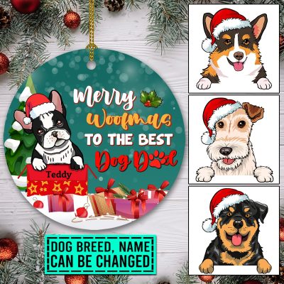 Personalized Dog Breeds Merry Woofmas To The Best Dog Dad Circle Christmas Ornament Keepsake - Dog Dad Christmas Gifts