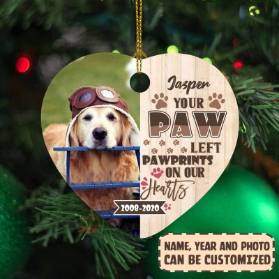 Alternative view of Memorial Dog Ornament Personalized Your Paws Left Pawprints on Our Hearts Decorative Christmas Heart Ornament Keepsake