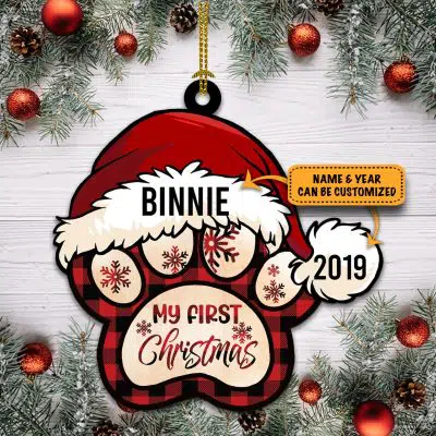 Personalized My First Christmas Dog Paw Print Ornament - Personalized Dog Wooden Ornament