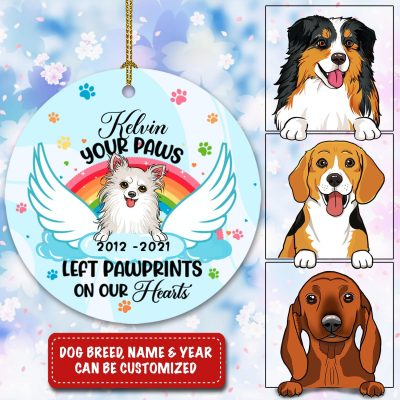 Your Paws Left Pawprints On Our Hearts Personalized Dog Memorial Circle Christmas Ornament Keepsake