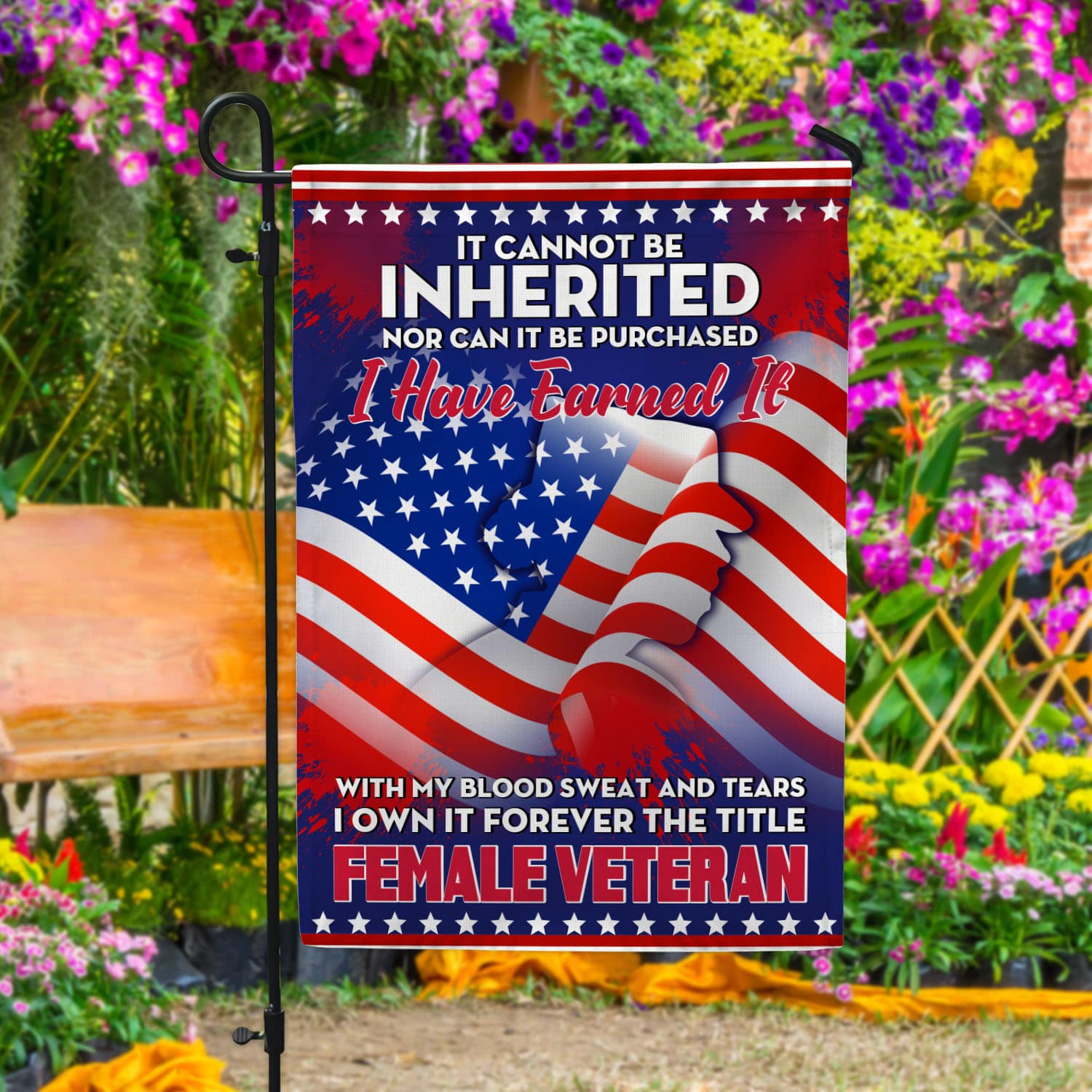 5VT. Female Veteran It Cannot Be Inherited Garden Flag Mockup 4