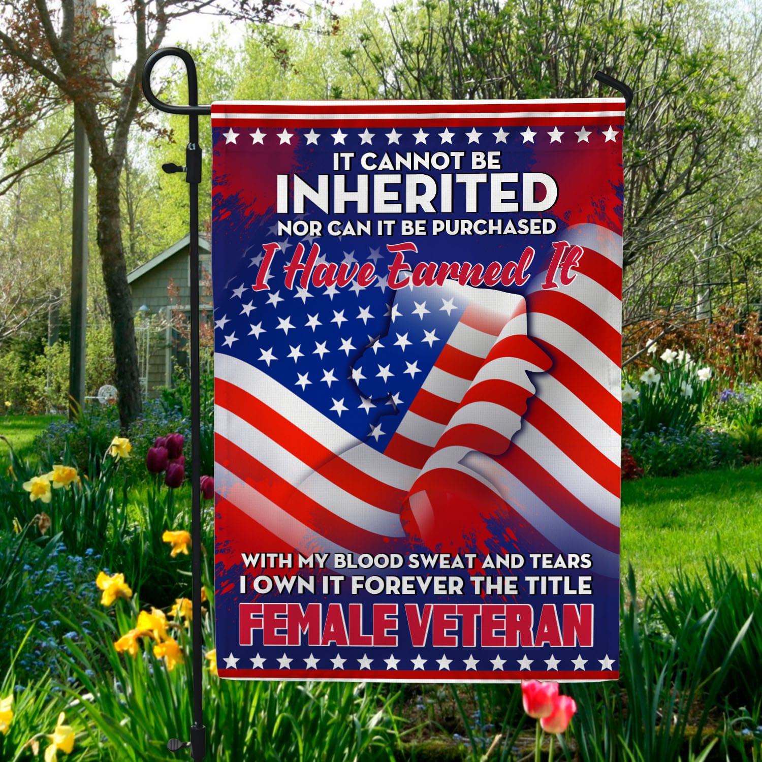 5VT. Female Veteran It Cannot Be Inherited Garden Flag Mockup 5