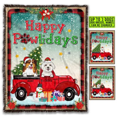 Happy Pawlidays Christmas Fleece Blanket - Sherpa Blanket - Custom Dog Lover Christmas Woven Blanket