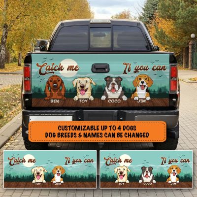Alternative view of Catch Me If You Can Personalized Dog Breeds Truck Tailgate Decal Sticker Wrap - Funny Custom Peeking Dogs Vinyl Graphic Decal Bumper Sticker