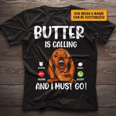 Alternative view of My Dog Is Calling And I Must Go Personalized Peeking Dog T-shirt - V- neck - Gift For Dog Lovers