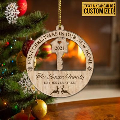 Personalized First Christmas In Our New Home Custom Shaped Wooden Key Christmas Ornament
