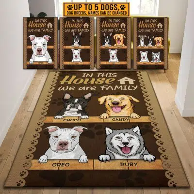 Personalized Dog Breeds in This House We Are Family Decorative Indoor Rectangle Rug - Funny Dogs Welcome Rug