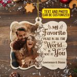 Personalized Photo My Favorite Place In All The World Is Next To You Custom Shaped Wooden Christmas Ornament