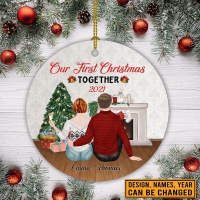Personalized Our First Christmas Together Couple Circle Ornament - Custom 1st Christmas As Mr Mrs Ornament