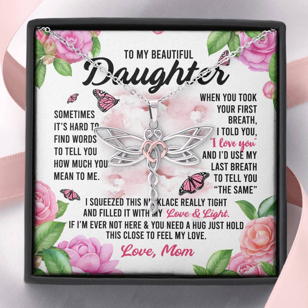 Sometimes It’s Hard to Find Words I Love You Mom Daughter Gift Dragonfly Pendant Necklace