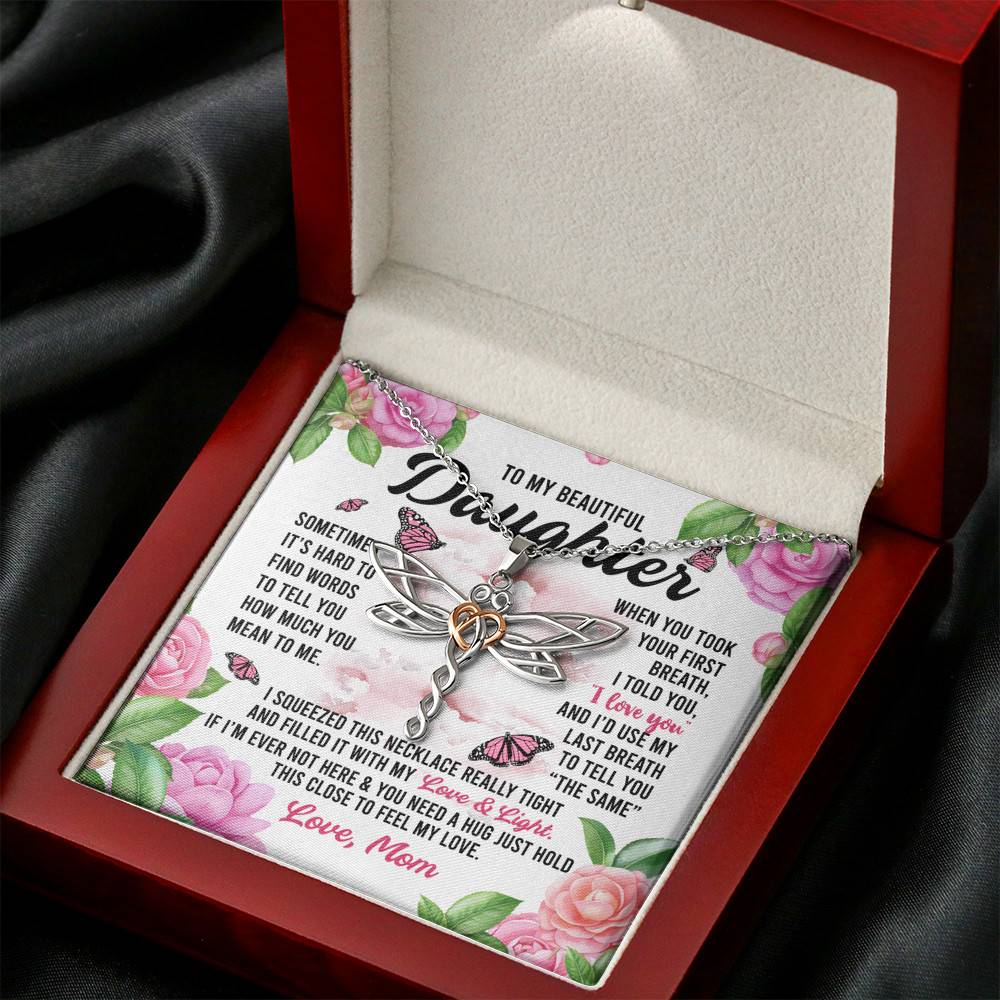 Sometimes It’s Hard to Find Words I Love You Mom Daughter Gift Dragonfly Pendant Necklace