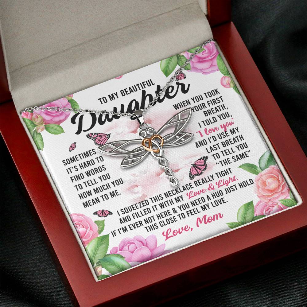 Sometimes It’s Hard to Find Words I Love You Mom Daughter Gift Dragonfly Pendant Necklace