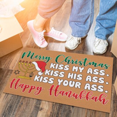 Merry Christmas Happy Hanukkah Doormat - Funny Christmas Hanukkah Jewish Welcome Mat