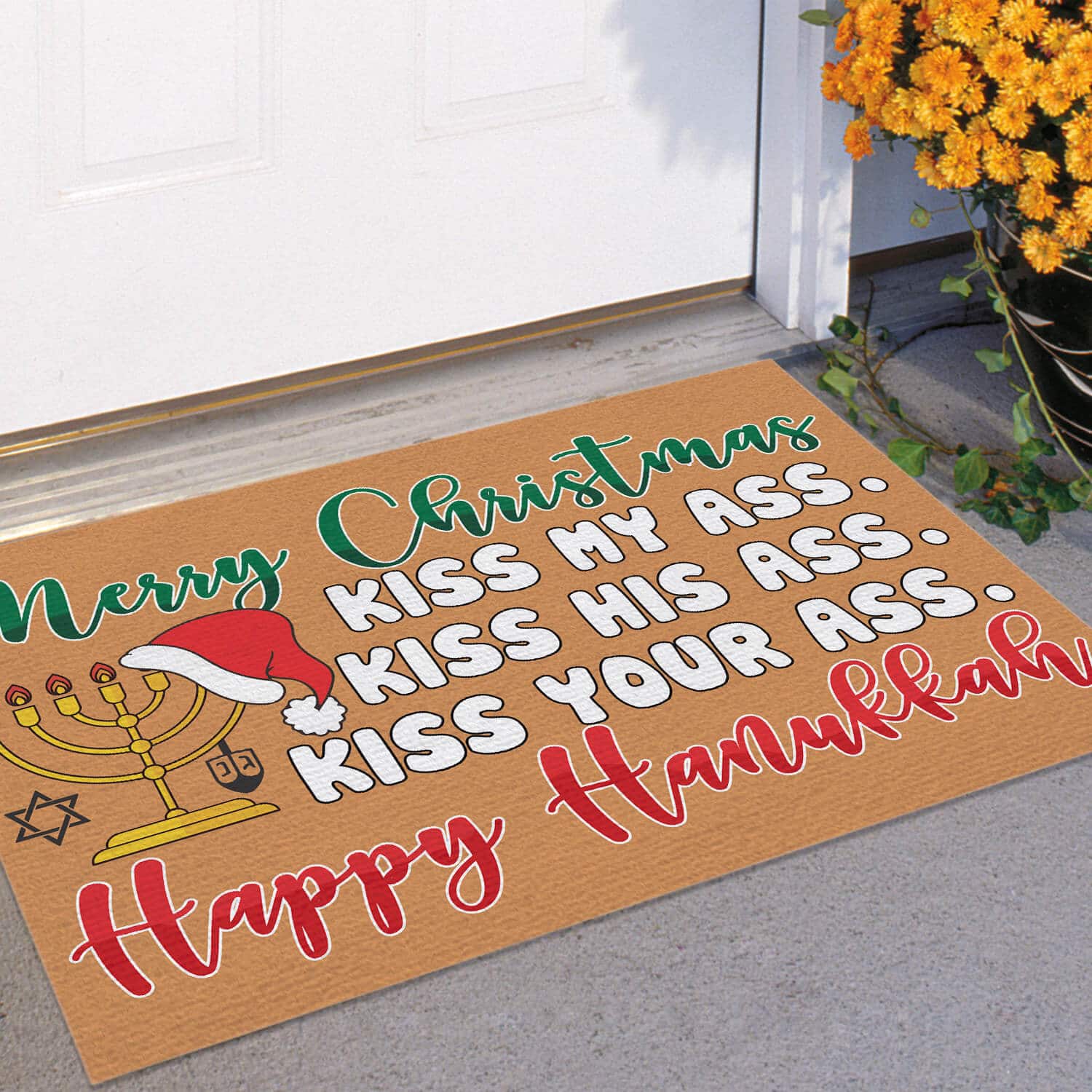 2TM. Merry Christmas Happy Hanukkah Doormat Doormat mockup 11