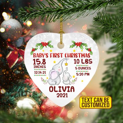 Personalized Baby's First Christmas Elephant Decorative Christmas Heart Ornament Keepsake