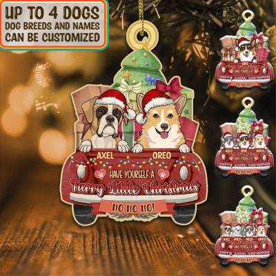 Alternative view of Personalized Dog Christmas Red Truck Custom Shaped Wooden Ornament - Custom Dog Breeds Christmas Ornament