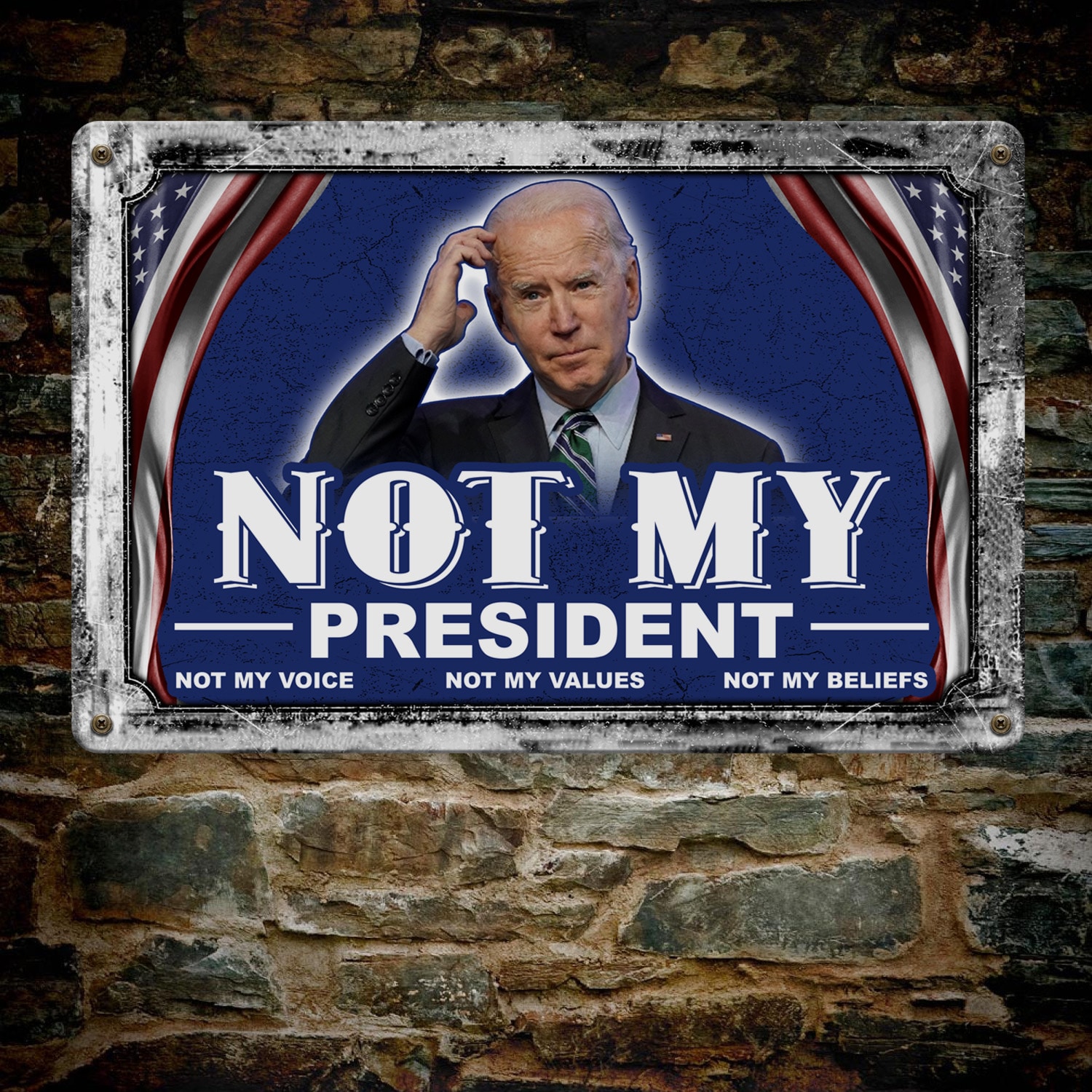 11H. Not My President Metal Sign Mockup 7