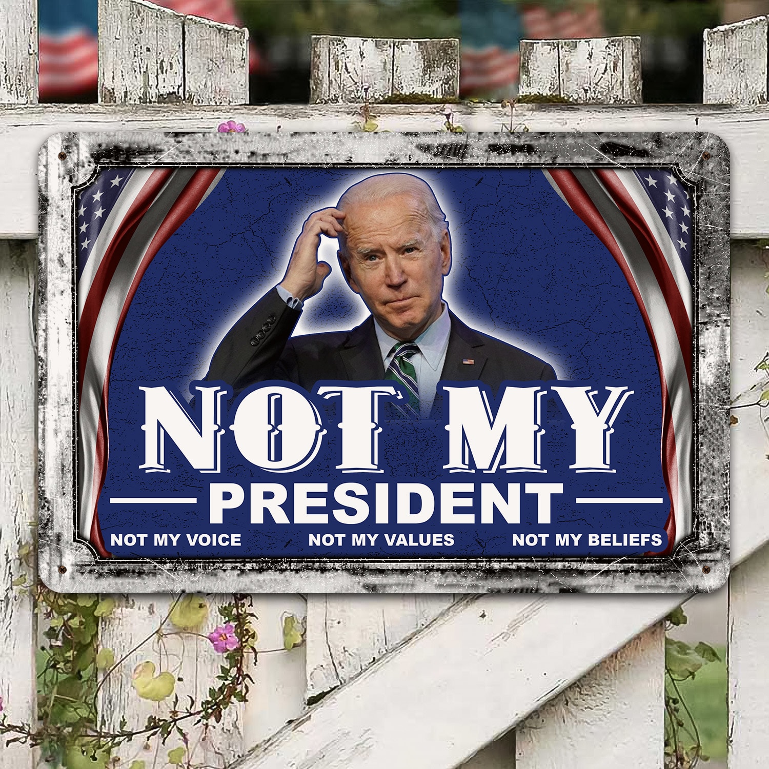 11H. Not My President Metal Sign Mockup 8