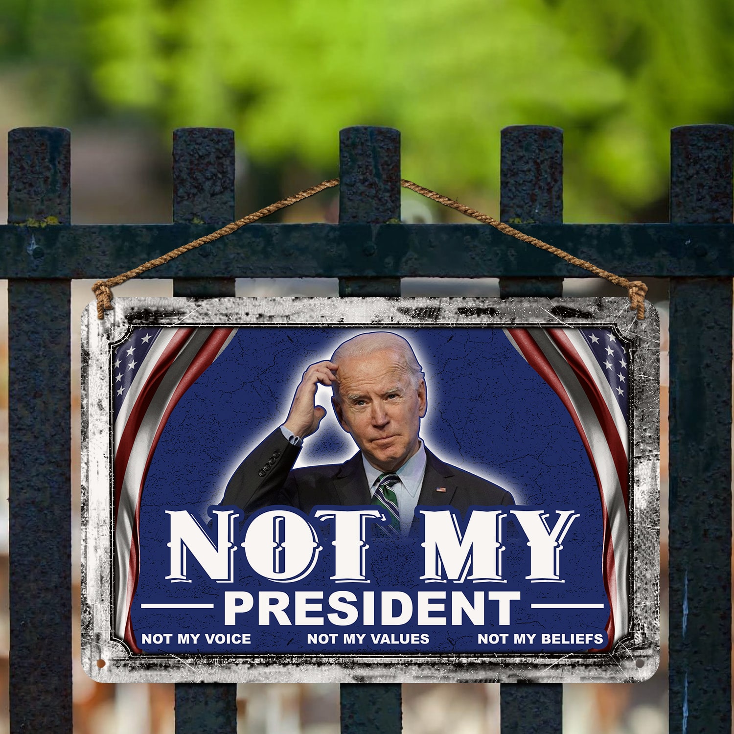 11H. Not My President Metal Sign Mockup 3