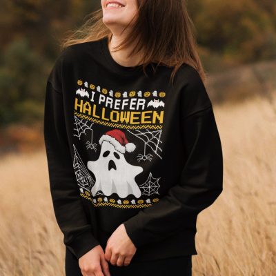 Alternative view of I Prefer Halloween Funny Ghost Ugly Christmas Hoodie - Sweatshirt - Long Sleeve Shirt - Funny Halloween Gift