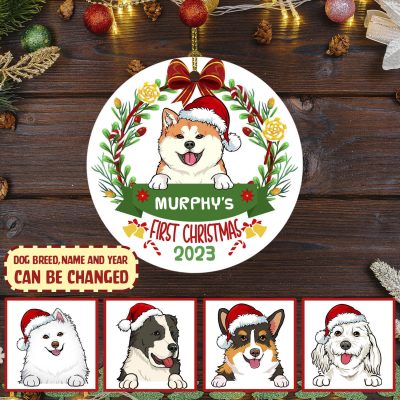 Personalized First Christmas Decorative Christmas Ornament - Custom Dog Breeds Christmas Circle Ornament