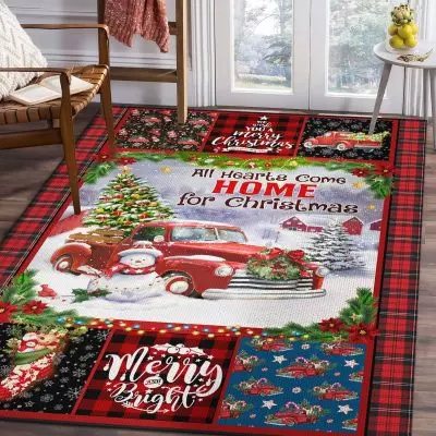 All Hearts Come Home For Christmas Red Truck Decorative Indoor Rectangle Rug - Christmas Red Plaid Rug